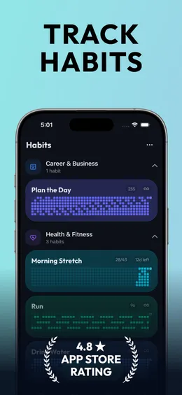 HabitScript App Store screenshot: the caption "Track habits" above an iPhone showing a list of habits, each with a grid of colored days, and a laurel reading "4.8-star App Store rating".