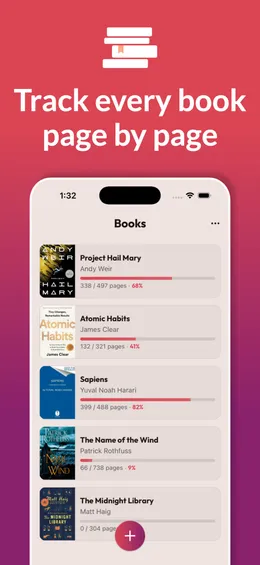 Book Tracker App Store screenshot: the caption "Track every book page by page" above an iPhone showing a list of books with reading progress bars.