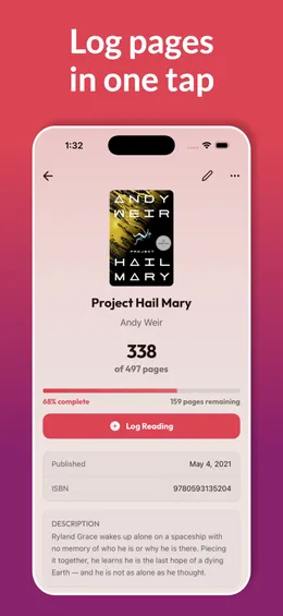 Book Tracker App Store screenshot: the caption "Log pages in one tap" above an iPhone showing one book's page count, progress and a Log Reading button.