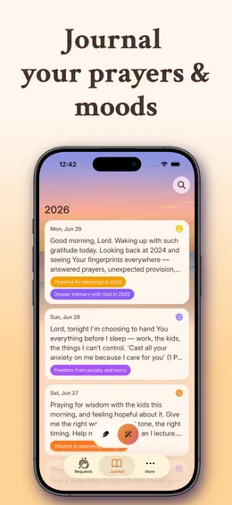 Faithful App Store screenshot: the caption "Journal your prayers & moods" above an iPhone showing dated journal entries with mood tags.