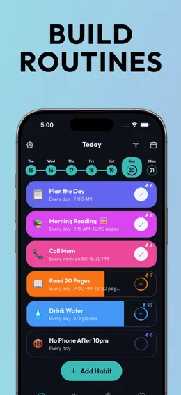 HabitScript App Store screenshot: the caption "Build routines" above an iPhone showing today's habits with their times and check circles.