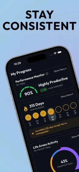 HabitScript App Store screenshot: the caption "Stay consistent" above an iPhone showing the My Progress screen with a 315-day activity streak, a 90% productivity score labelled "Highly Productive", and a chart of activity by life area.