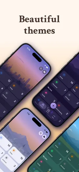 Faithful App Store screenshot: the caption "Beautiful themes" above four iPhones showing the home screen in different landscape themes.