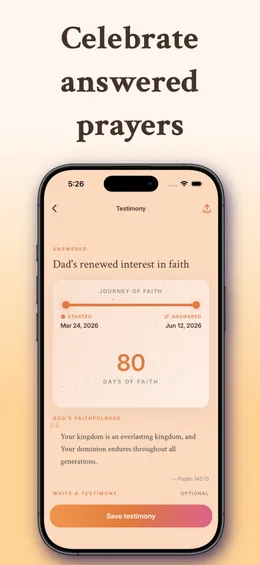 Faithful App Store screenshot: the caption "Celebrate answered prayers" above an iPhone showing an answered prayer with its start and answer dates and a verse.